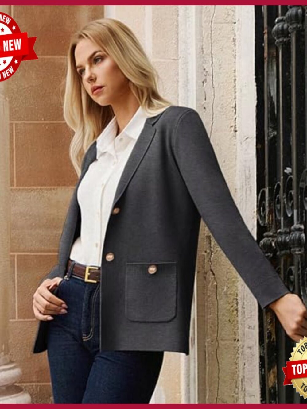 Long Sleeve Open Front Blazer Cardigan with Pockets Business Casual - Picture 3 of 7
